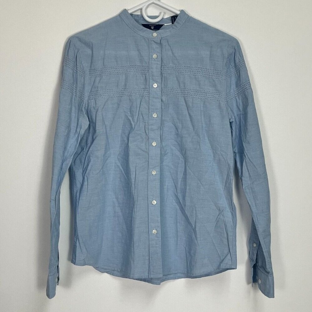 Gant Womens Eyelet Detail Button Up Shirt Top Size 8 Blue Long Sleeve Casual